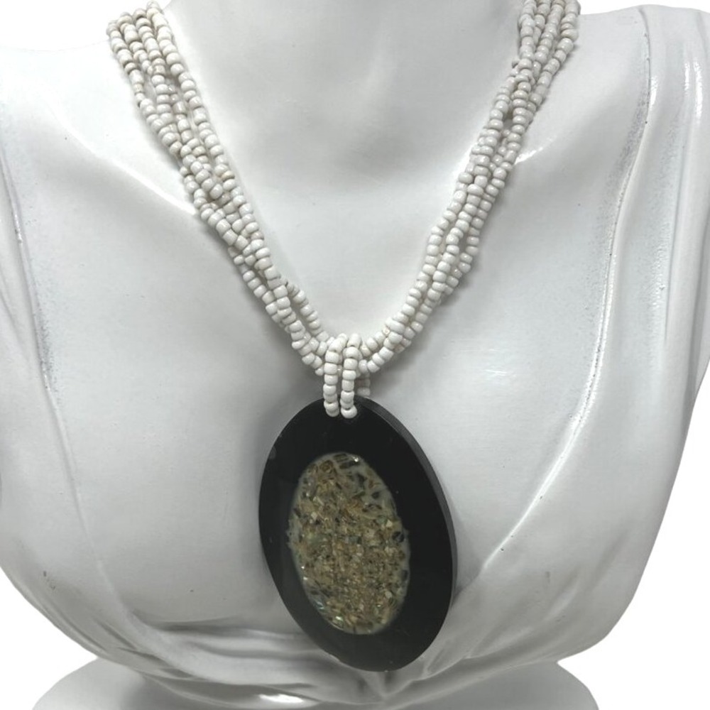 Multi Strand White Beaded‎ Necklace with Sparkle Lucite Pendant